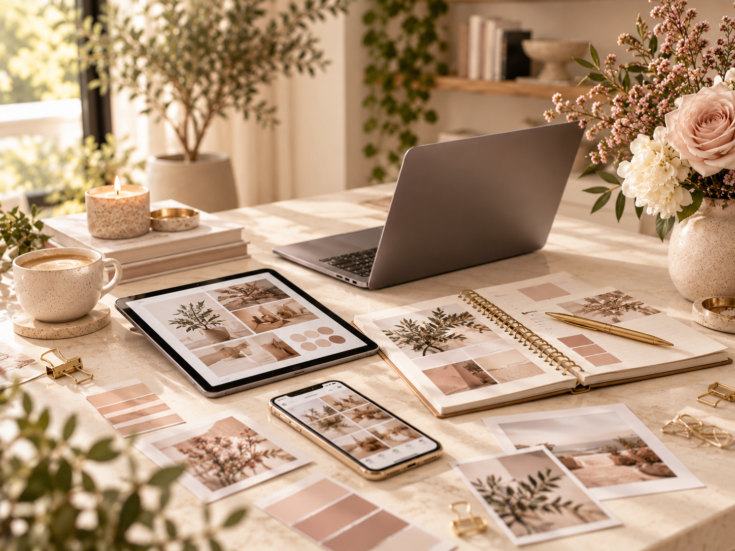 Organised digital planning workspace with tablet and notebook.