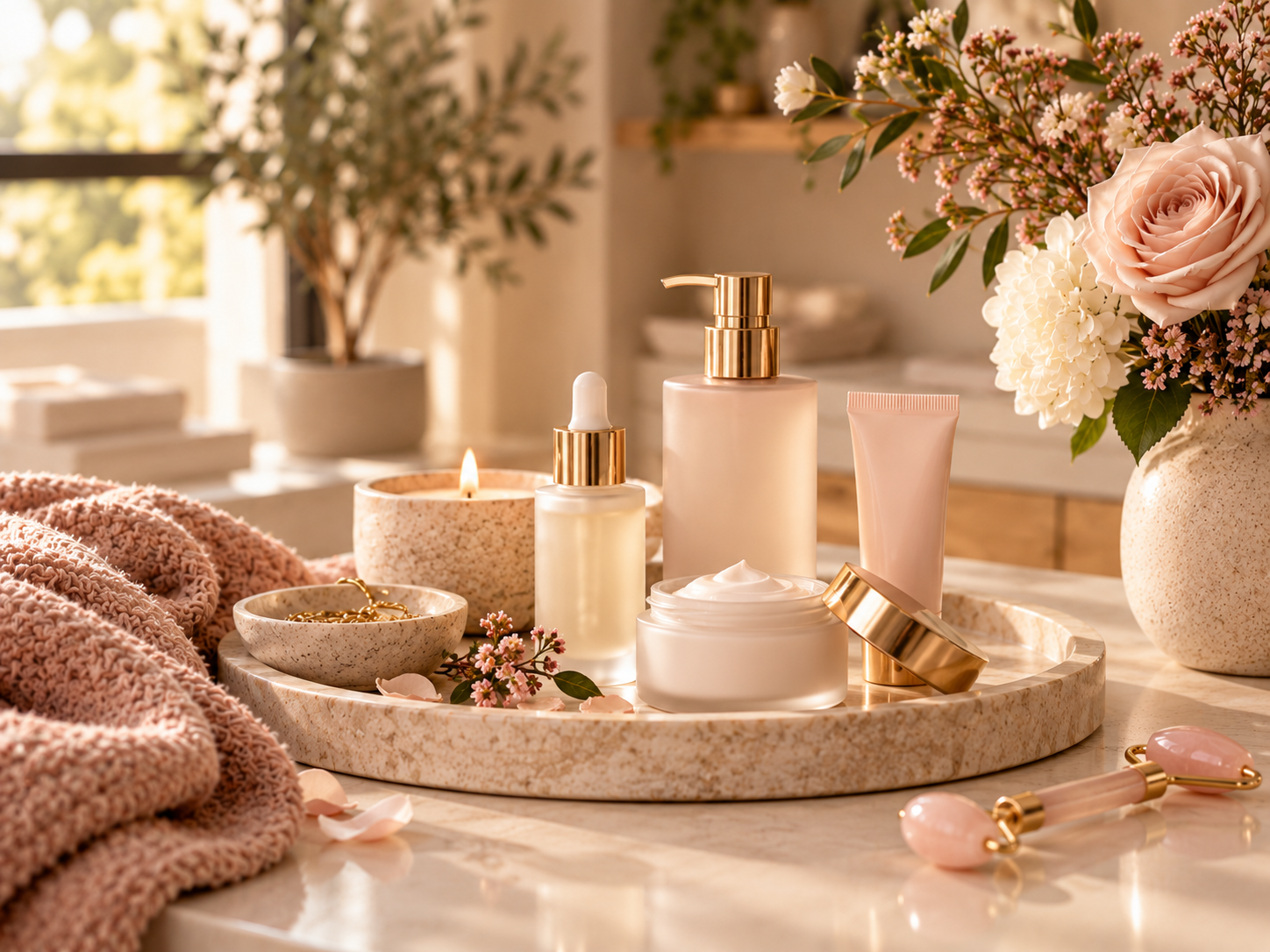 Conceptual skincare still life with flowers and soft studio lighting.