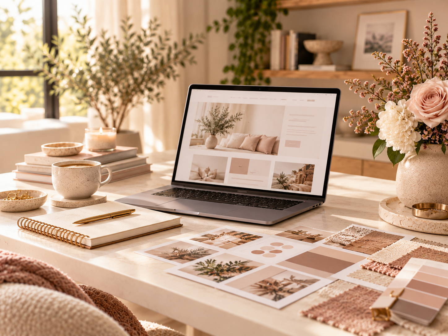 Website-design workspace with a laptop and printed planning materials.